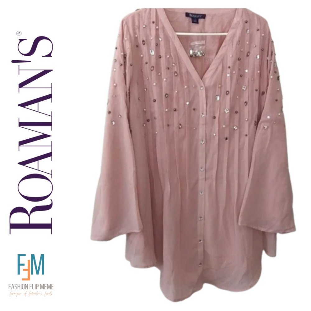 Peach Jeweled Pleated Button Front Roll Sleeve Tunic Top 20W NWOT